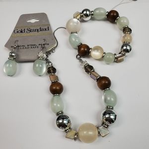 GOLD STANDARD Necklace/Bracelet/Earrings Set. WOOD, BEADS AND MOP. 3-piece set